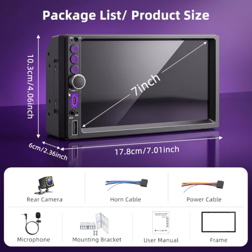 2 DIN Car Radio with CarPlay Wireless and Android Car, 7 Inch Touchscreen Screen, Bluetooth 5.0 Car Radio with Rear Camera, Mirror Link, Type-C, SWC, FM, EQ, GPS Navigation