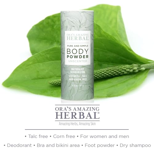 Fragrance Free Body Powder for Women and Men, Unscented Talc Free Talcum Powder, Cornstarch Free Dusting, Waxing, Natural Sugaring, Foot Powder, Dry Shampoo, Made in USA, Ora’s Amazing Herbal, 2.5 oz