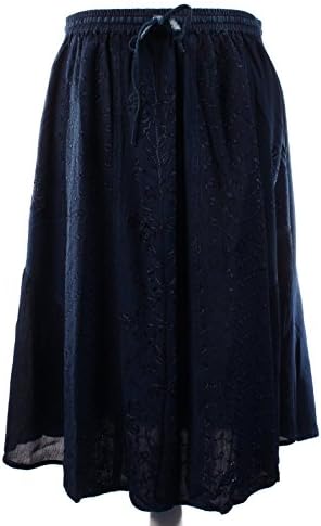 Women’s Broomstick Gypsy Embroidered Mid-Calf Length Short Skirt (Denim)