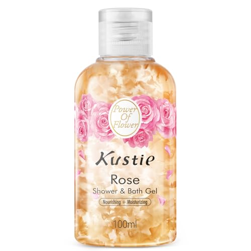Kustie Rose Petal Travel Size Body Wash - Real Petals, Rose Water & Essential Oil for Deep Nourishing, Dewy & Silky-Smooth Skin with Hyaluronic Acid, Free From Paraben, Sulfate & Phthalate, 3.38 Fl Oz