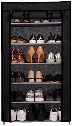 Leoneva 6-Tier 18-Pairs Space-Saving Free Standing Shoe Racks, Shoe Shelf Storage Organizer Cabinet Tower with Dustproof Waterproof Non-woven Fabric Cover(US Stock) (Black)