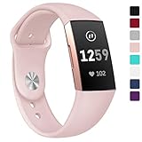 Hamile Bands Compatible for Fitbit Charge 3, Easy to Clean Soft Silicone Watch Strap Replacement Band Wristband for Fitbit Charge 3 & Charge 3 SE, Women Men, Small, Pink Sand