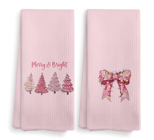 Photo 1 of NOQL Girly Pink Christmas Tree Bow Decorative Kitchen Towels and Dishcloths Set of 2, Preppy Hand Towels, Merry and Bright Drying Cloth Hand Towels Tea Towels for Bathroom, 16×24 Inch