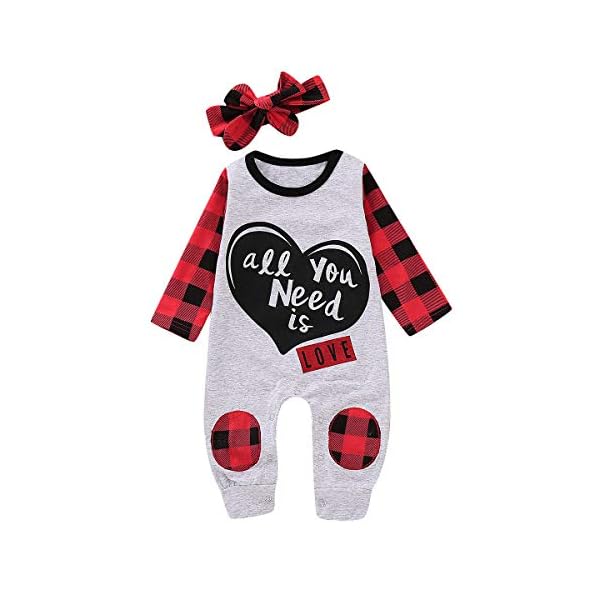 Rvbelbay Baby Girl Clothes Baby Girl Christmas Outfits HeartShaped Black and Red Plaid Long Sleeve Grey Romper Jumpsuit…