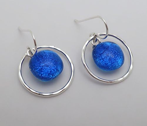 Sterling silver hammered hoops fused translucent blue denim dichroic glass earrings
