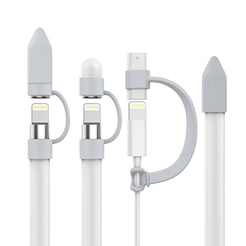 MoKo Pencil Cap Holder for Apple Pencil Cap, [3-Piece] Premium Soft Silicone Elastic Apple Pencil Cap Holder + Lightning Cable Adapter + Nib Cover for Apple iPad Pro Pencil, Gray