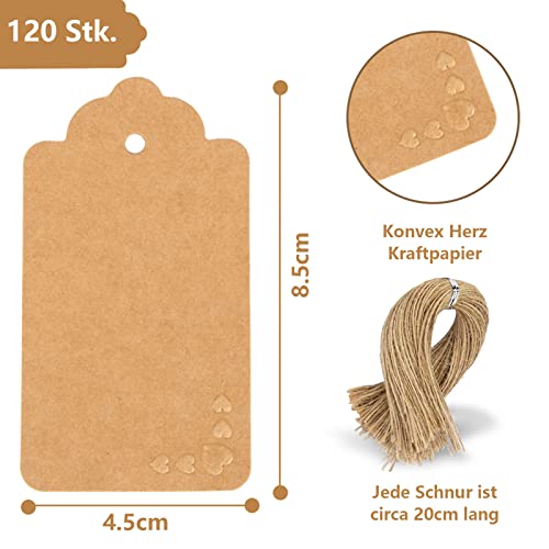 HAKACC Braune Packpapier-Etiketten, 120 Stücke geprägte Herzen-Papier-Etiketten Konvexes Liebe-Schild Gehangene Handwerk-Etiketten für Valentinstag Geschenkpapier