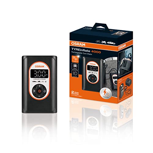 OSRAM TYREinflate 4000 Gonfleur de Pneu sans Fil Rechargeable Compresseur d'air numérique programmable avec arrêt Automatique et gonflage des pneus à lumière LED en 3,5 Minutes