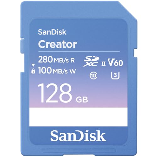 SanDisk Creator SD-UHS-II Speicherkarte 128 GB (Für DSLR- und Mirrorless-Kameras, 6K-Video, V60, UHS-II, 280 MB/s Lesen, RescuePRO Deluxe, Adobe Creative Cloud)