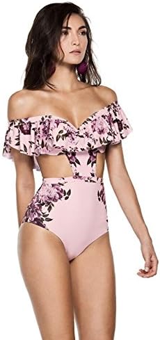 Women Sexy Off-Shoulder One-Piece Swimsuits High Waist Floral Ruffled Swimwear Bathing Suit (L=US 8)