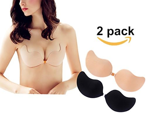 KIMJAY Stick Self Adhesive Bra Push up Drawstring Lift Plus Size Dark Invisible Backless Silicone Stick on Bra Set Black/Nude Cup A B C D 2 Pack