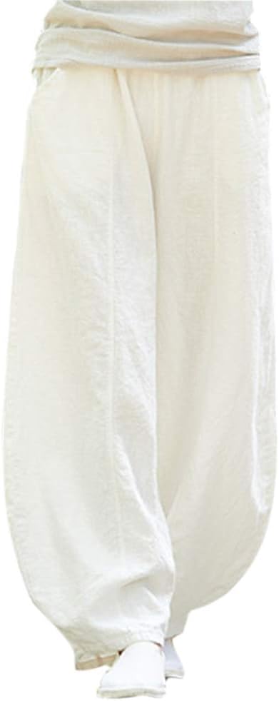 Women's Casual Loose Elastic Waist 100% Linen Comfort Trousers