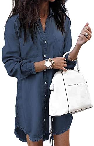 Uinolo Women's Loose Denim Blouse Mini Dress Button Down Lapel Short Sleeve T-Shirt Dress Tops with Pockets