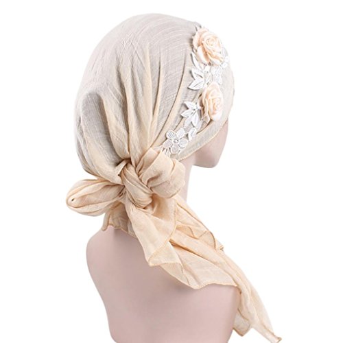 Sunfei Women India Muslim Stretch Retro Floral Cotton Turban Hat Head Scarf Wrap Cap (Beige) - Thumbnail 2