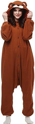CTHEE Unisex Adult Fleece Halloween Animal Sleepwear Onesie Pajamas Sleepsuit Cosplay Costume Brown Bear Size M