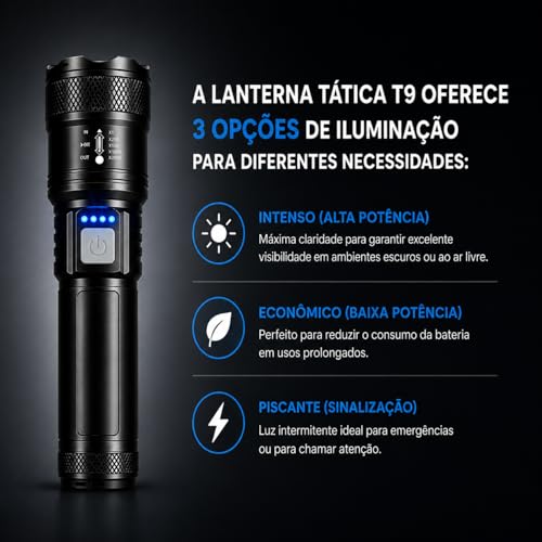 Lanterna T9 Tática LED Recarregável P50 Alta Potência 1200 Lumens Zoom Longo Alcance Ajustável Profissional - 3 Modos de Iluminação - Camping Trilhas Emergência Resistente e Compacta