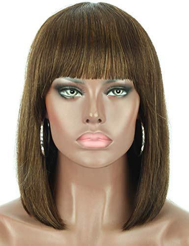 Beauart 12” 100% Remy Human Hair Short Bob Wigs for Women Straight Hair Brown Highlights Bob Wigs with Hair Bangs,Trendy and Natural Looking Everyday Wear Wigs
