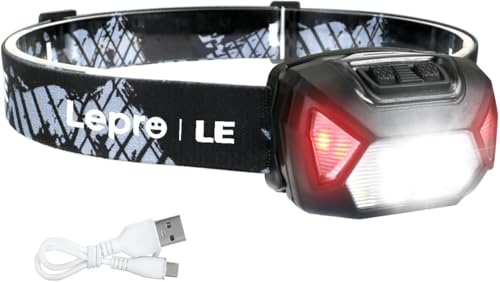 Lepro Rechargeable Headlamp, D5000 Super Bright LED Head Torch, 2000LUX Powerful LED Head Torch with Red Indicator, 6 Lighting Modes 30H Autonomy for Running, Emergency, Cycling