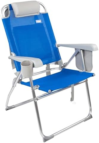Pack 2 sillas de Playa Plegables, 47x63x99 cm, 8 Posiciones, Color Azul, Soportan 110 kg, Incluyen cojín, Posavasos, Bolsillos, Asas de Transporte, Topes antivuelco, Tejido textileno (85482)