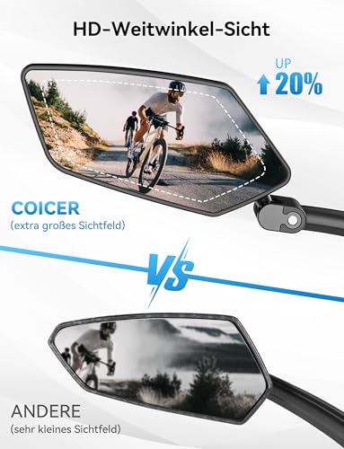 Bicycle Mirror for E-Bike Left, 360° Foldable & Rotatable Bicycle Rear View Mirror, Bicycle Mirror Left for Ebikes with Large Mirror Surface, Long Arm and Impact-resistant Real Glass, E Scooter