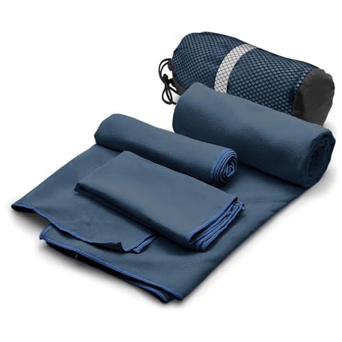 Toalla Microfibra Secado Rápido 3 Pack, Toalla Natacion Super Absorbente Toalla Gym de Baño Suave y Ligero para Natacion,Toalla de Viaje Ligera y Portatil para Natacion,Deporte,Baño,Viajes,Azul Oscuro