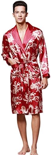 Nyeutho Men's Short Kimono Robes Chinese Dragon and Phoenix Pattern Silk Bathrobe for Travel or Spa
