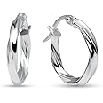 Sterling Silver Hoop Earrings, Twisted Round Design, High Polish Finish with Click-Top Closure, Tarnish And Nickel Free, Various Sizes