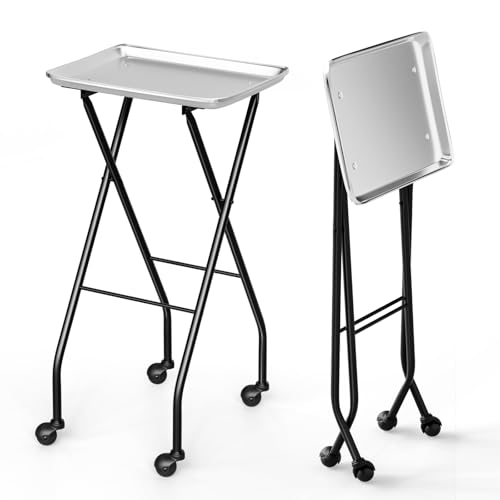 OmySalon Salon Tray on Wheels Folding Color Trays for Salon, Aluminium Tattoo Tray Rolling Trolley Cart Mobile Hair Cart for Cosmetology Stylist Hairdresser, Beauty Spa Service Storage Station