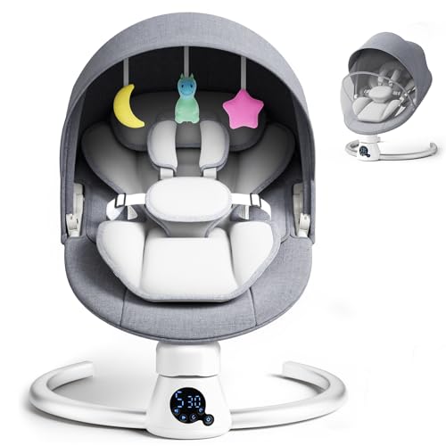 Hamaca Eléctrica para Bebé con Mando a Distancia y App,Mecedora con 5 Velocidades de Balanceo,3 Temporizadores,Arnés de 5 Puntos,2 Posiciones del Asiento,Silla Mecedora para 0-9 kg de Bebé-Gris