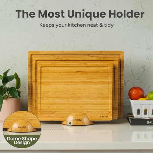 SMIRLY Bamboo Cutting Boards for Kitchen - Wood Cutting Board for Meal Prep, Serving, Charcuterie - Kitchen Gadgets, House Warming Gifts - Wooden Chopping Board Set of 3 with Holder - Natural Bamboo
