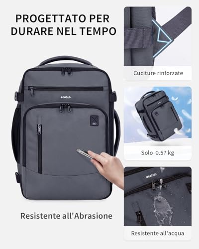 ECOHUB Ryanair Ryanair Backpack 40 x 20 x 25 cm Hand Luggage 40 x 20 x 25 cm Ryanair Travel Backpack Travel Bag Eco Friendly Tote Bag Recycled PET 20 Litres Patented Grey