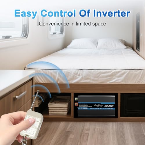 JIGUUN 2000W Inverter 12V 220V Pure Wave Inverter with Charger 30A and Priority Circuit of Network and UPS,2 EU Sockets, Wireless Remote Control and LCD Display Peak Power 4000W