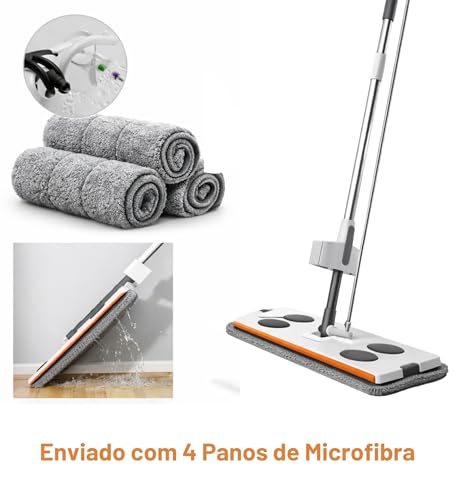 Esfregão Grande, Rodo Grande, Mop Mágico Limpeza, 360 Graus, Limpeza Fácil, 4 Panos de Microfibra