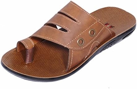 Indistar Men PU Leather Flip Flop / Sandal House Slipper And Thong Sandals-Tan-10 US
