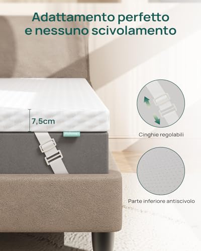 Releep Topper 160 x 200 cm in High Density Gel Foam, 7.5 cm Height, Reversible Core with 2 Fasteners and 5 Support Zones, Breathable Mattress Topper, Oeko-TEX & CertiPUR Certified
