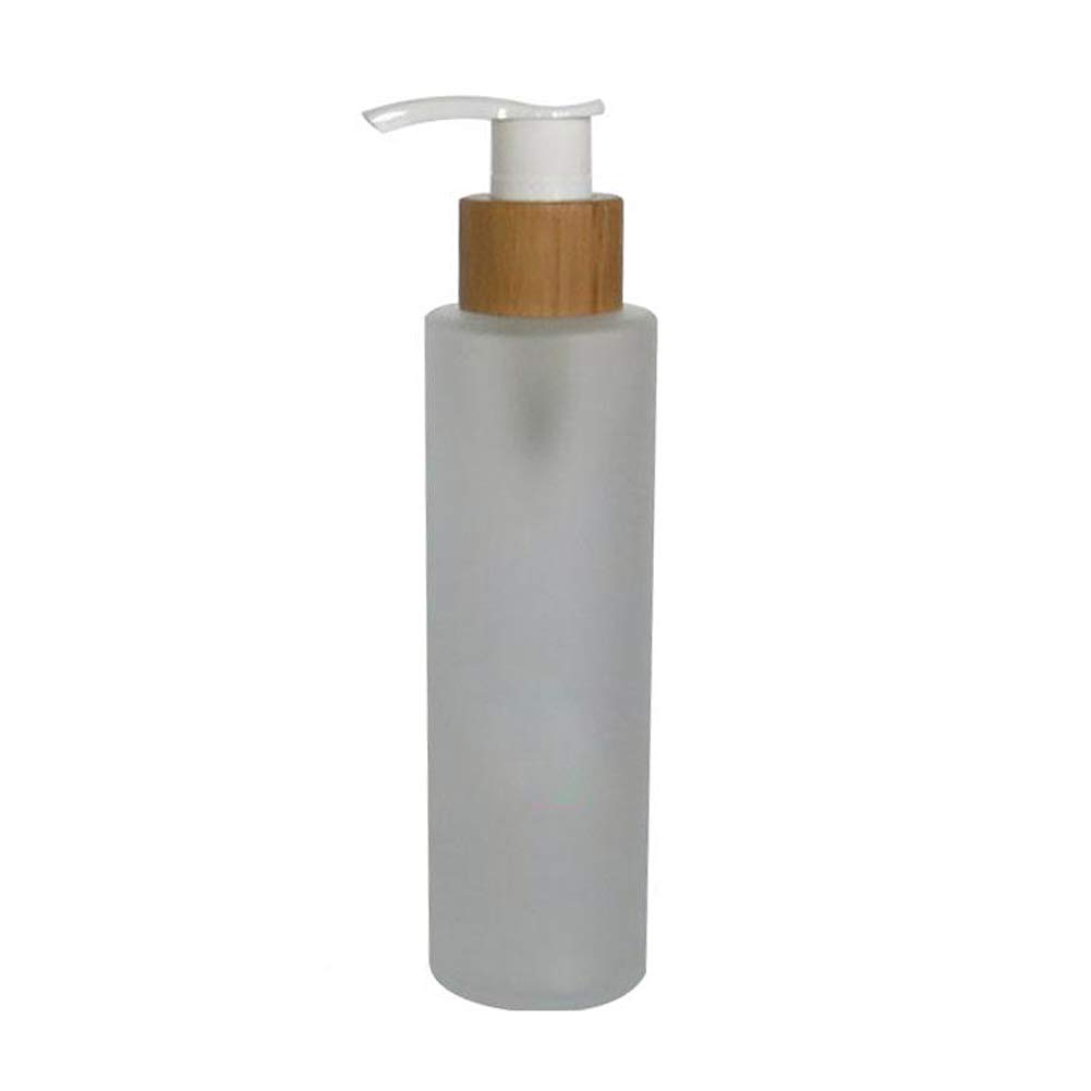 1PCS 120ml/4oz Empty Refillable Frosted Glass Pump Press Bottle Lotion Dispenser Makeup Container Jar Vial Holder Pot with Bamboo Cap for Emulsion Essence Serum
