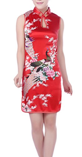 YICHUN Women Cheongsam Chinese Short Dress Qipao Sleeveless Party Dress Red