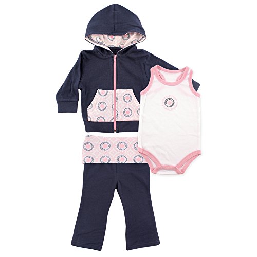 Yoga Sprout Baby Infant 3 Piece Jacket, Top and Pant Set, Navy/Baby Pink Ornamental, 6-9 Months