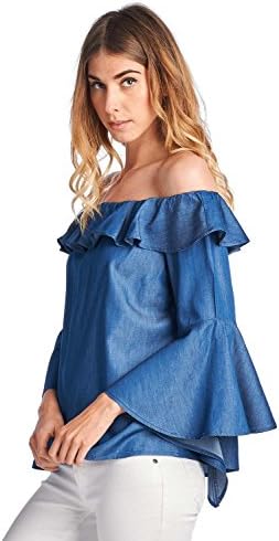 Vantarsi Tencel Denim Off-The-Shoulder Blouse (X-Large, Dark Denim)