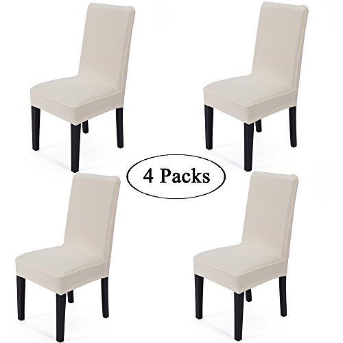 Gold Fortune Spandex Fabric Stretch Removable Washable Dining Room Chair Cover Protector Seat Slipcovers Set of 4 (Cream)
