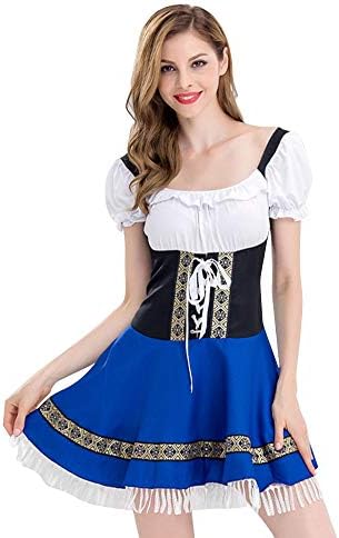 STORTO Womens Blue Bandage Tasel Oktoberfest Costume Bavarian Beer Girl Drindl Dress Halloween Authentic Dirndl Dress