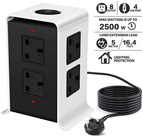 5M/16.4FT Tower Extension Lead with 8 Way Plug Socket 4 USB Slots Extra Long Surge Protected Vertical Power Strip Cord for Home, Office Desktop