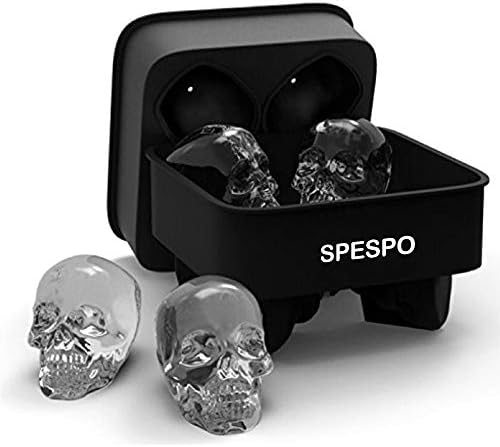 Spespo Skull Ice Cube Tray with Funnel, Silicone Ice Cube Maker, Makes 4pcs 1.8x1.6 inch Skull Freezer Tray for Gin Glasses, Whiskey, Cocktail and Liqueur Glasses-Black (1x4 skulls)