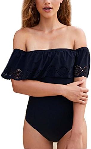 Women Jumpsuit Swimsuit,Dorame Off Shoulder Bikini Bathing Suit Swimwear (S, Black)