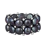 Beautiful Silver Plated Beads Peacock Color Cultured Freshwater Pearls Stretch Ring.