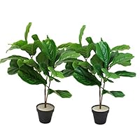 WPYST Set of 2 Artificial Fiddle Leaf Fig Natural Textured Potted Plant 25" Faux Green Leaf Ficus lyrata Bonsai Decor for Home Office Hotel Garden