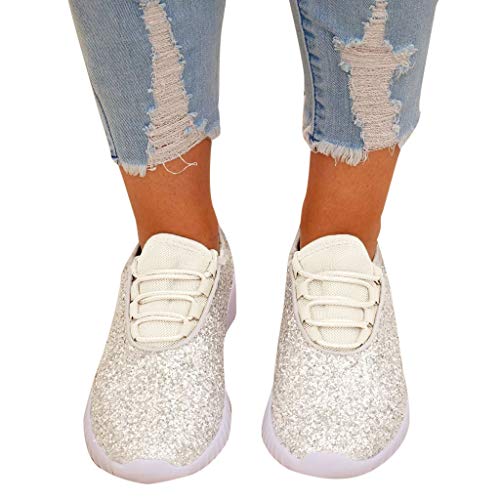 Women Glitter Sneakers, Fashion Jogger Sport Shoes Lightweight Sequin Quilted Lace Up Shoe Elastic Tongue (7.5 M US, Beige)