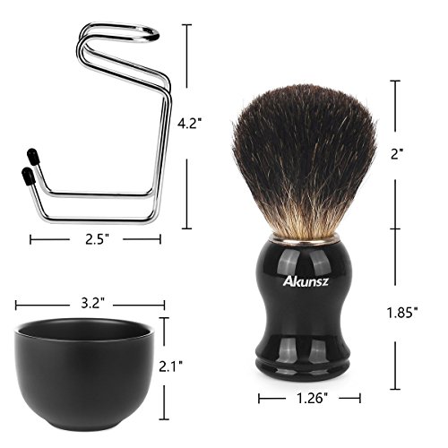 Shaving Brush and Bowl, AKUNSZ Shave Kit: Pure Badger Shaving Brush + 3.2" Black Stainless Steel Shaving Bowl + Shave Stand - Shave Brush Kit