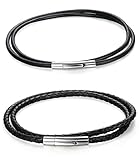 FUNRUN JEWELRY 2PCS 3-4mm Black Leather Necklaces for Men Women Rope Cord Chain Stainless Steel Clasp 18-28 inches