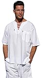 Cotton Natural Mens Short Sleeve V-neck Shirt with Drawstring (XXLarge, White)